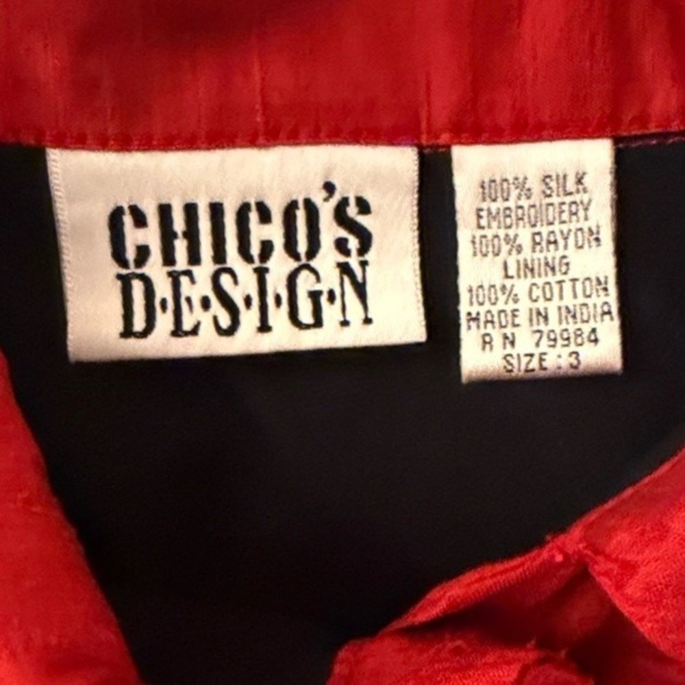 Chicos Design Red Silk Embroidered Beaded Button Down‎ Shirt Womens Size 3 Large - Picture 2 of 9